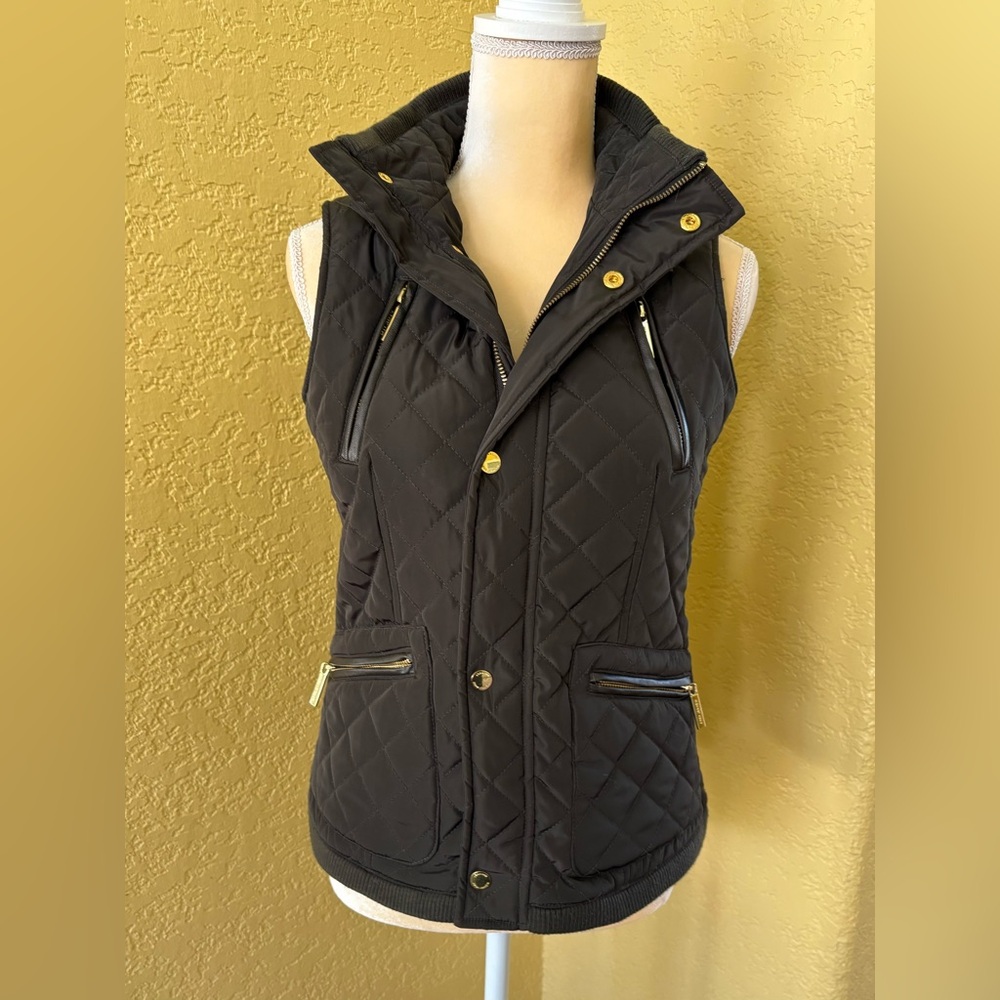 Michael Kors Black Diamond Quilted Dark Moss Green Vest with Gold Accents
